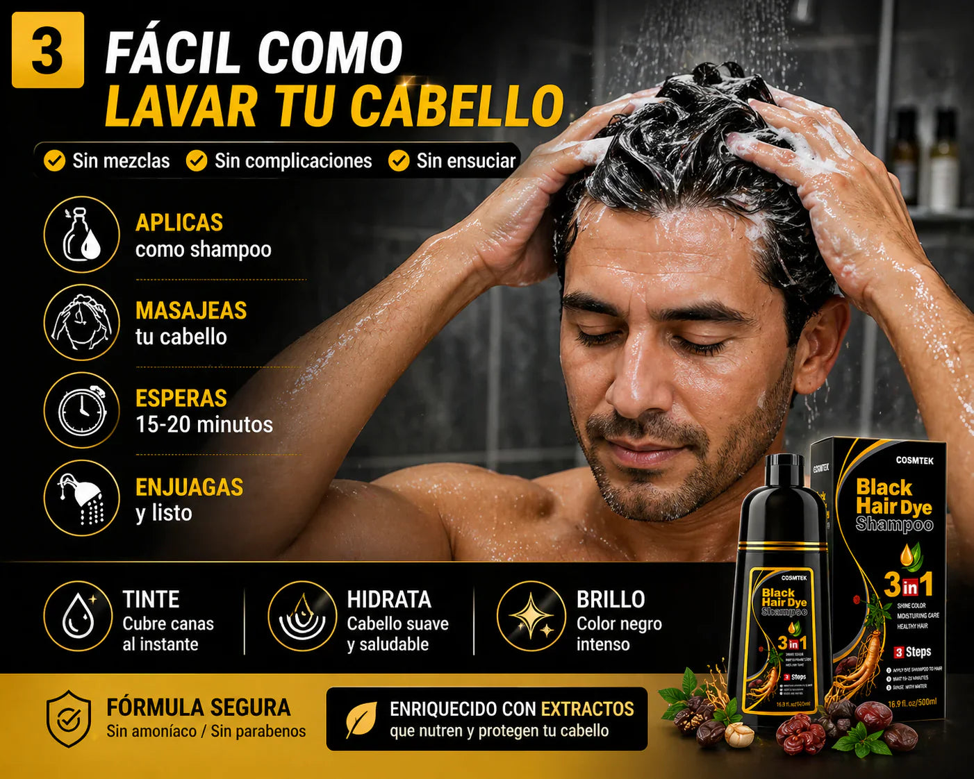 SHAMPOO TINTE CUBRE CANAS  BLACK HAIR DYE